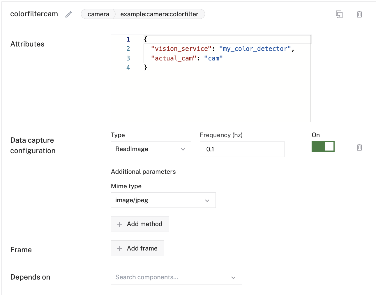 A component panel for a color filter modular resource with the attributes filled out for vision service and actual_cam as well as the data capture configuration capture set to capture ReadImage at a frequency of 0.1 images per second.
